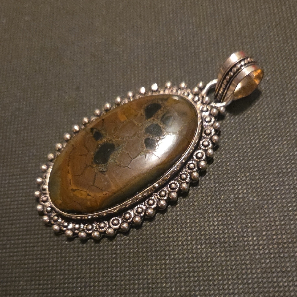 Vintage 925 Silver Autumn Jasper Oval Pendant